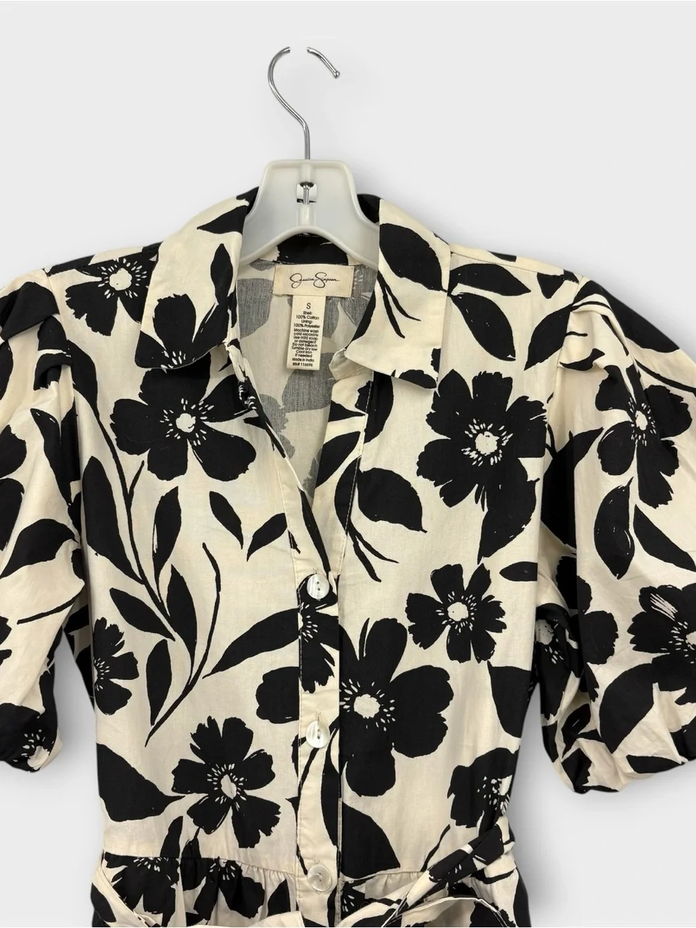 Jessica Simpson Floral Puff Sleeve Shirt Dress in Black and Cream Women’s Size S - Picture 3 of 6